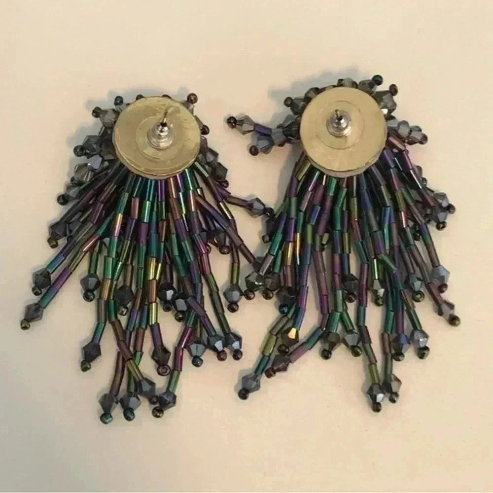 Handmade Iridescent Starburst Firework Tasseled Beaded Earrings
